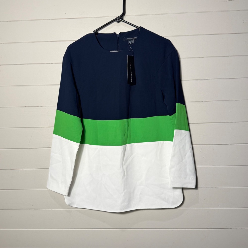 French Connection Edward Block Womens Tunic Top 0 Navy Green White NWT